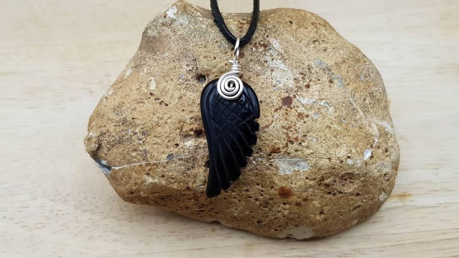 Black Obsidian angel wing pendant necklace. Unisex Reiki jewellery