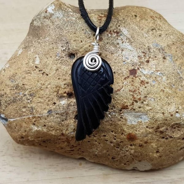 Black Obsidian angel wing pendant necklace. Unisex Reiki jewellery