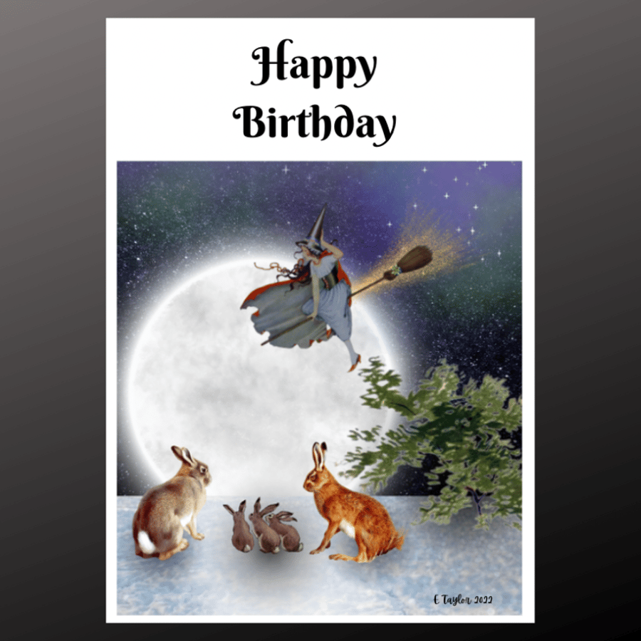 Birthday Card Celestial moon Gazing Hare Rabbit witch Personalise Seed Wiccan 