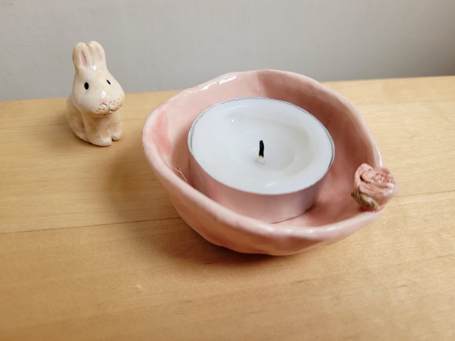 Ceramic tealight with pink rose hand pinched handmade pottery gift for mum