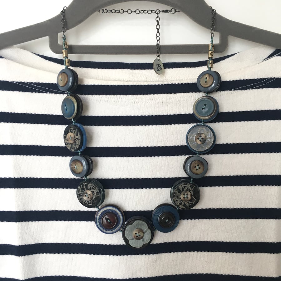 Beautiful smoky blue and dark chocolate Color Theme Vintage Buttons Necklace