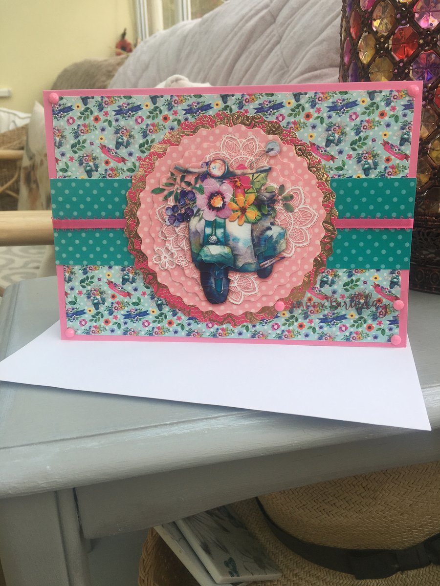 Fun and floral scooter birthday card