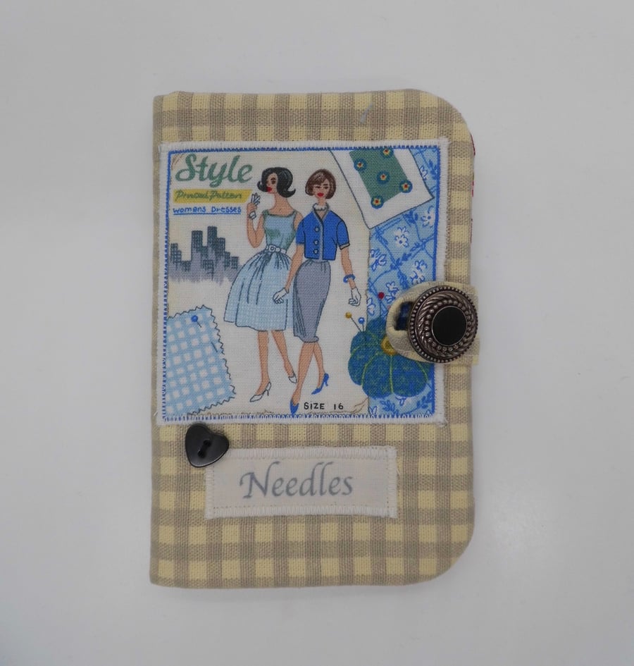 SOLD Sewing needle case grey check print sewing pattern appliqué 