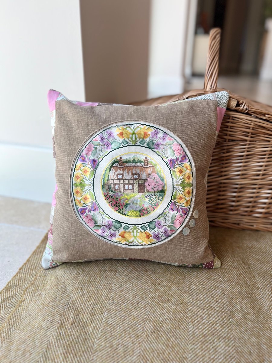 Spring - rescued cross stitch and patchwork cushion