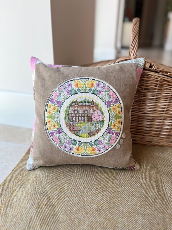 Spring - rescued cross stitch and patchwork cushion