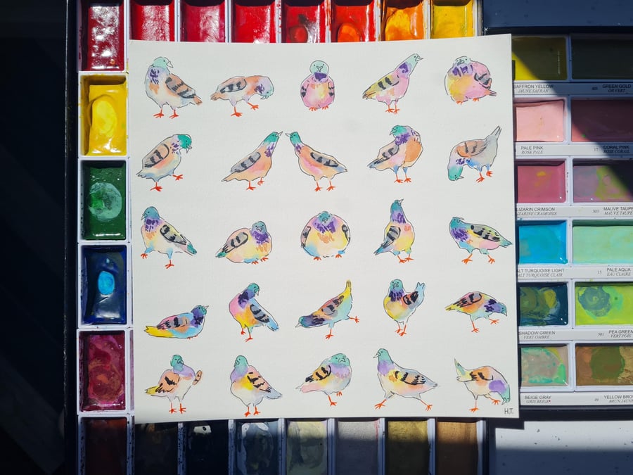 Original hand painted watercolour colourful quirky Pigeons