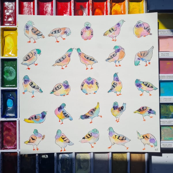 Original hand painted watercolour colourful quirky Pigeons