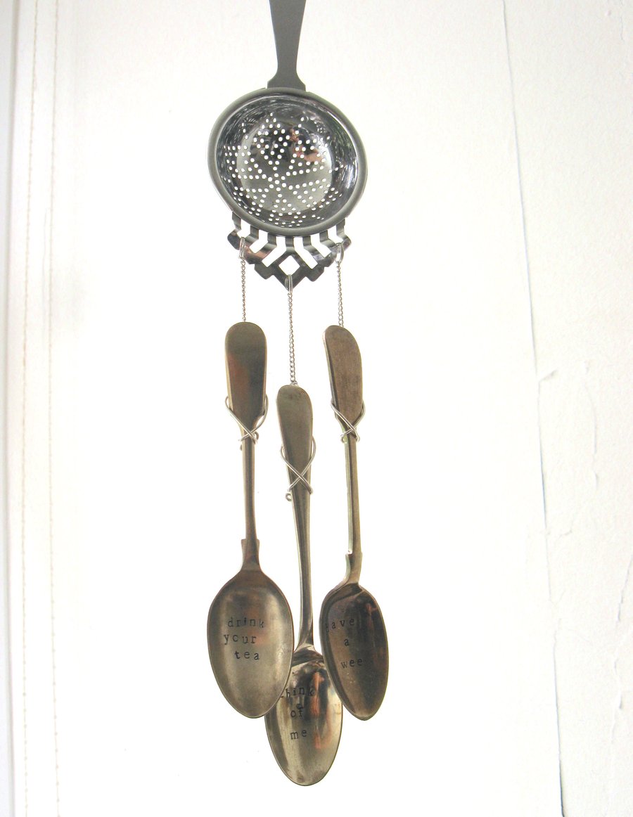 Upcycled windchime, teaspoons, drink your tea think of me have a wee