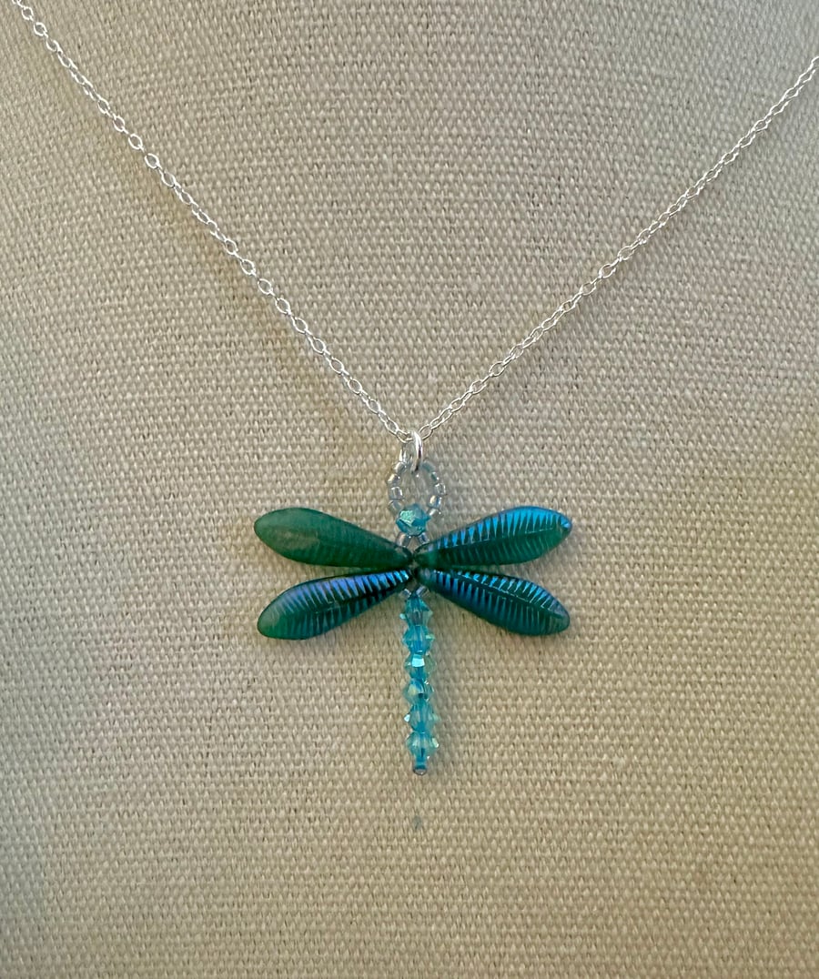 Dragonfly Necklace - Sapphire Matt Laser Feather