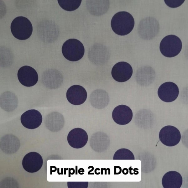 1 Metre Purple 2cm Polka Dots Lightweight Poycotton Fabric 1.12m Wide