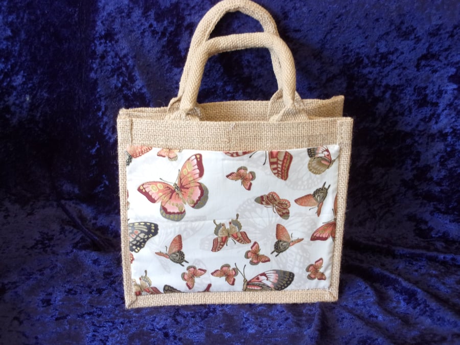 Small Jute Bag with Cream Coloured Pocket with Brown Butterflies