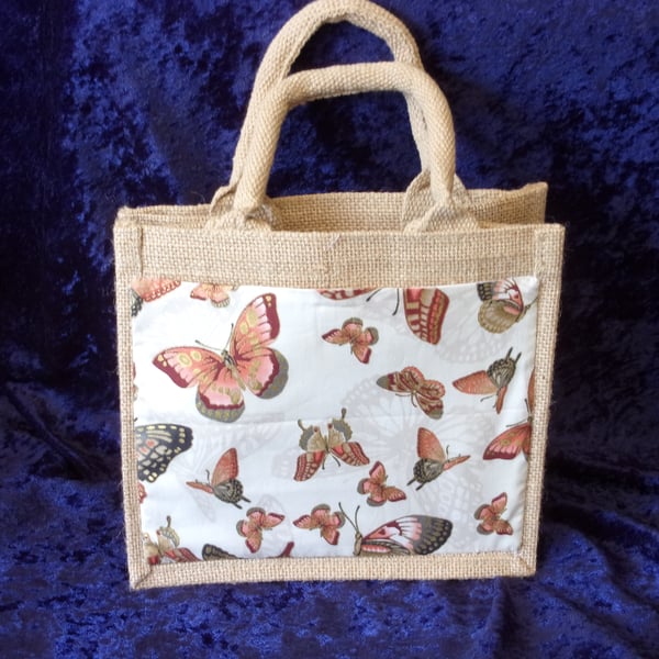 Small Jute Bag with Cream Coloured Pocket with Brown Butterflies