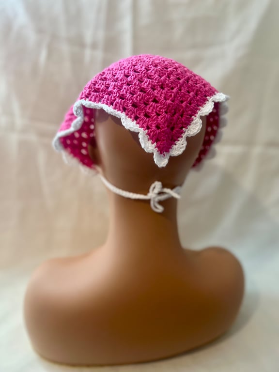 Handmade Hot Pink & White Crochet Triangle Bandana Headscarf 
