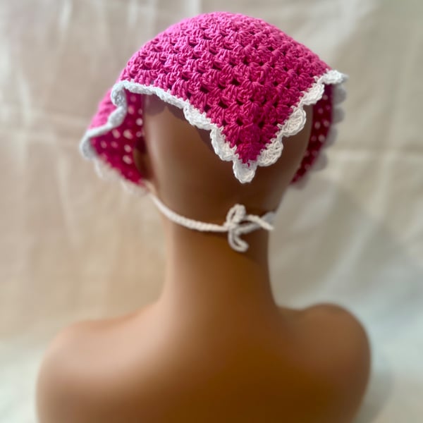 Handmade Hot Pink & White Crochet Triangle Bandana Headscarf 