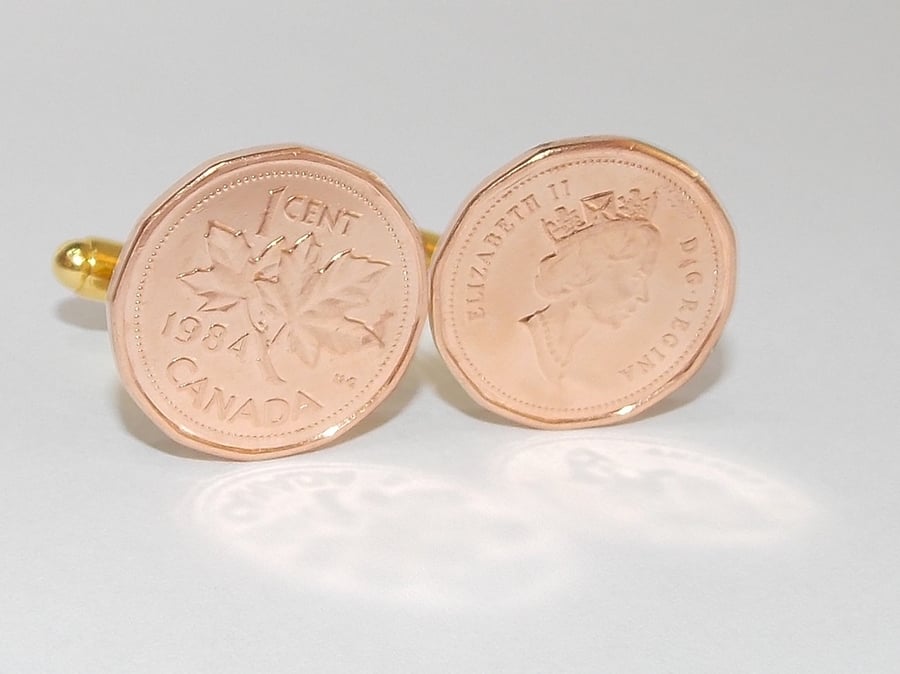 1975 45th Birthday Anniversary 1 cent Canadian coin cufflinks - One cent cufflin