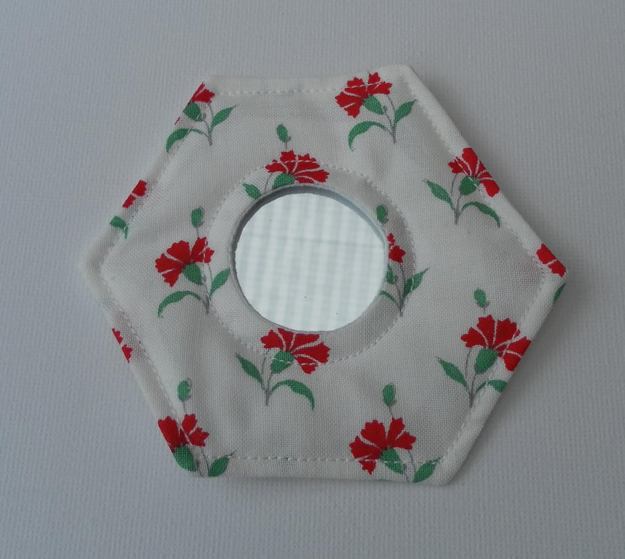 Handbag Mirror, Fabric, Hexagonal, Red Carnations, White Background