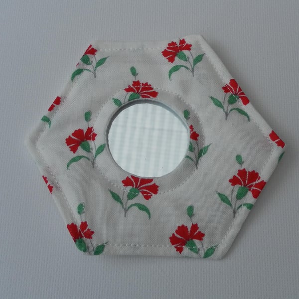 Handbag Mirror, Fabric, Hexagonal, Red Carnations, White Background