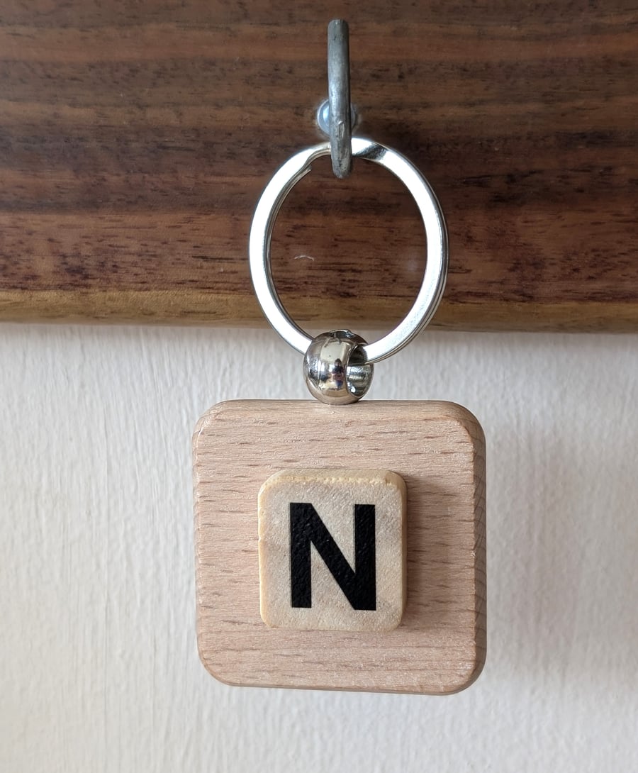 Alphabet letter tile wooden keyring - bagcharm - N