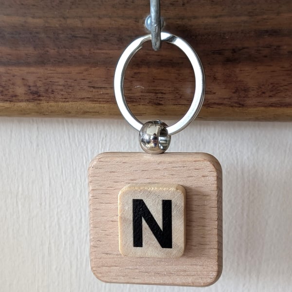 Alphabet letter tile wooden keyring - bagcharm - N