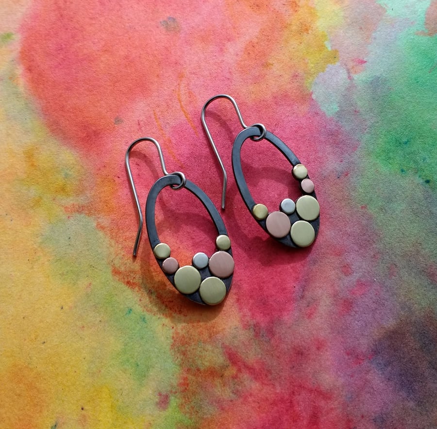 Pebbles Oval Earrings, Copper, Brass & Silver