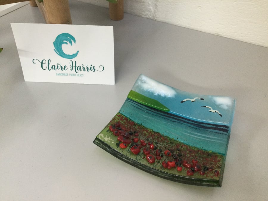 Fused Glass Poppy Fields, Trinket Dish. 