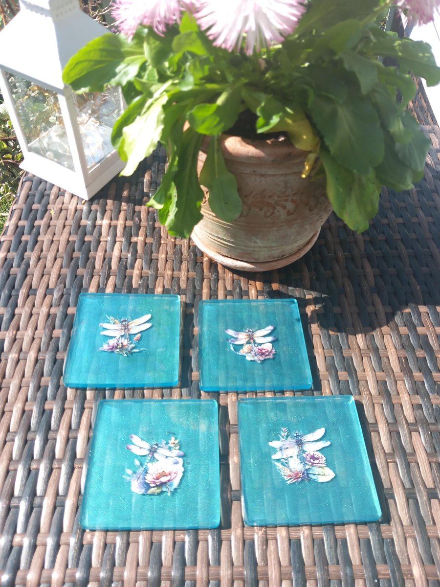 Coasters set of 4,Dragonfly Aqua coasters, Set of 4 resin coasters, Drinks mats 