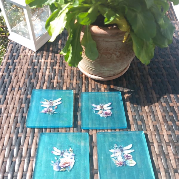 Coasters set of 4,Dragonfly Aqua coasters, Set of 4 resin coasters, Drinks mats 