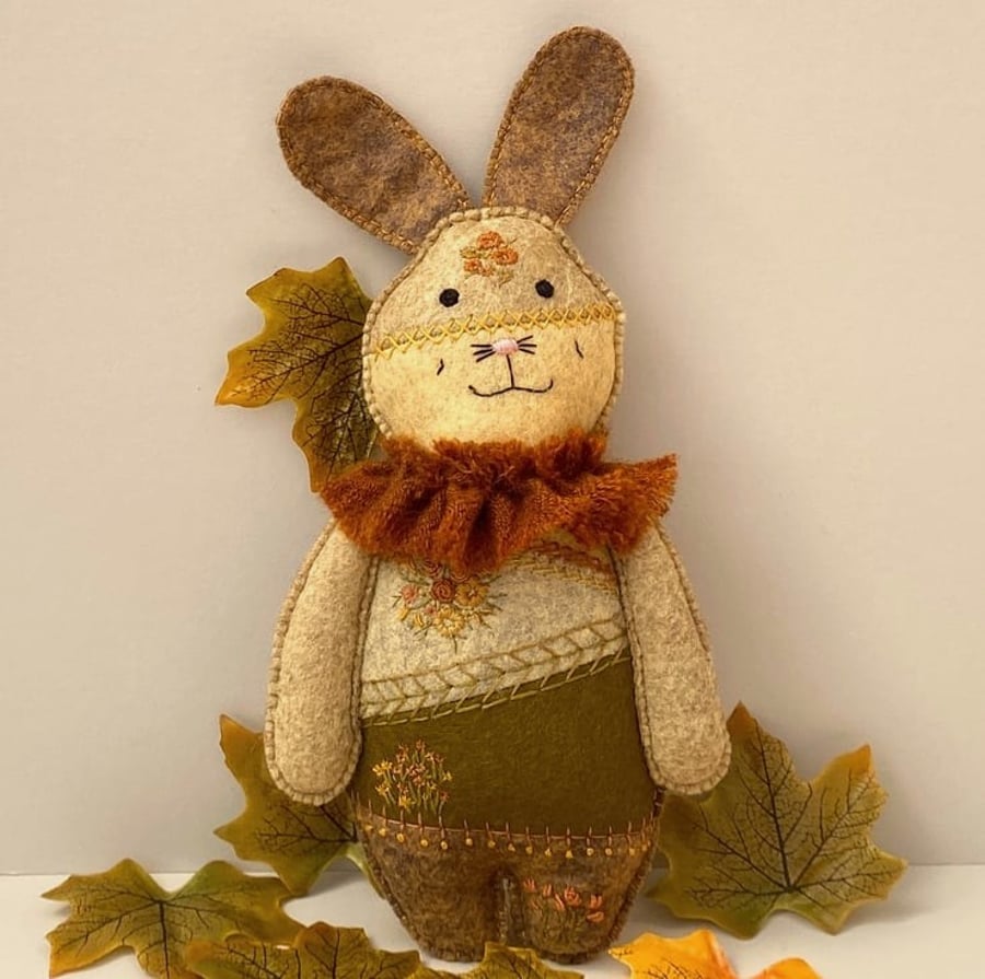 Felt rabbit, crazy patchwork hanging hare, embroidered wall hanger