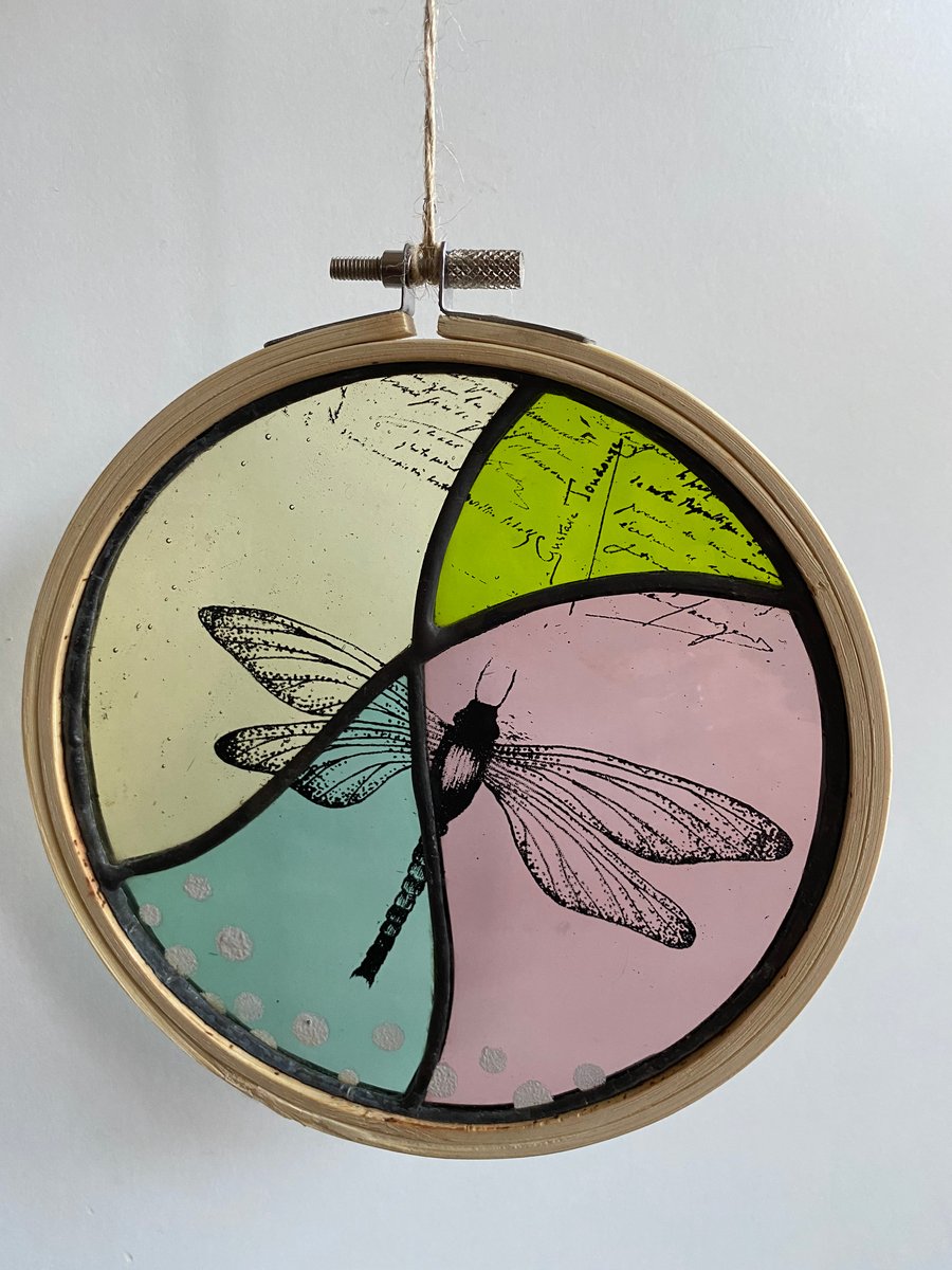 Stained Glass Dragonfly Embroidery Hoop