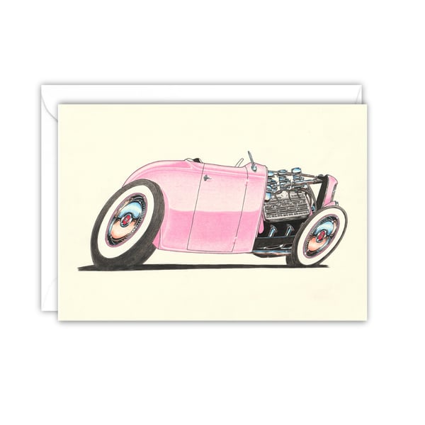 Hot Rod Greetings Card - Pink Hot Rod Card - Blank Card - Hand Drawn Art