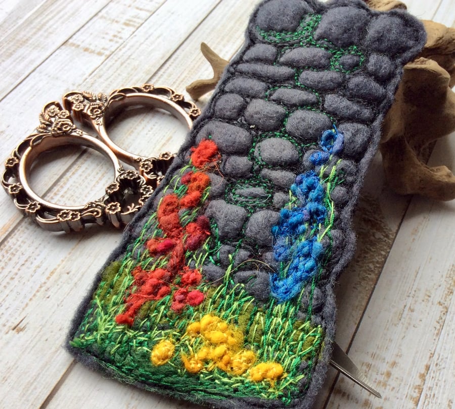 Dry stone wall and hedgerow embroidered bookmark.