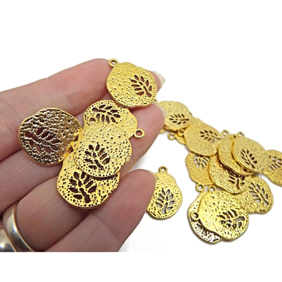 20 Gold Leaf Charms 22x18mm, Irregular Round with Cut Out Design