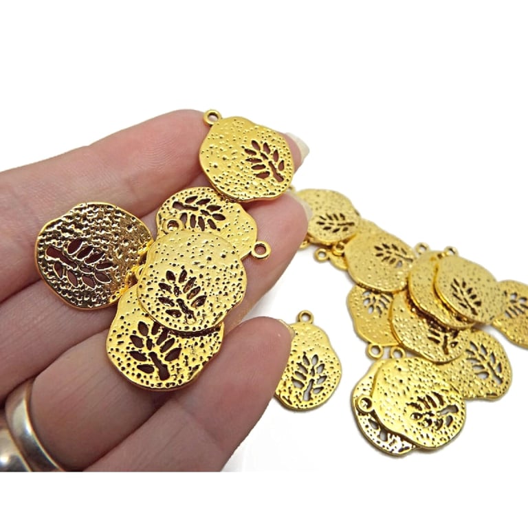 20 Gold Leaf Charms 22x18mm, Irregular Round with Cut Out Design