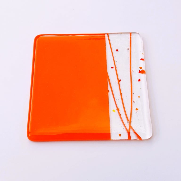 Orange collage fused glass coaster, 9cm, 6mm thick, handcrafted (0119)