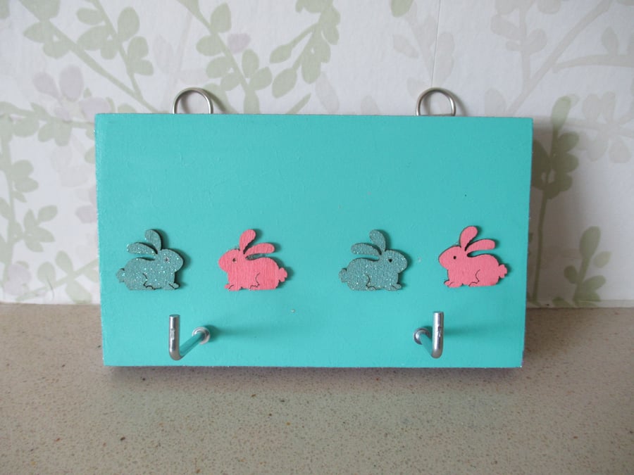 Bunny Rabbit Key Ring Holder Rack Hook Pink and Turquoise with Glitter