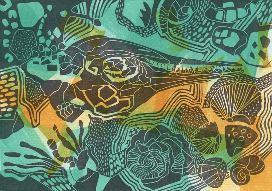 Fossil lino print, `Fragmenting`