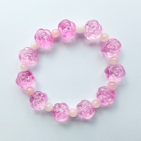 Rose Quartz Flower Bracelet Quartz Beads 6 mm Glass Flowers Pink
