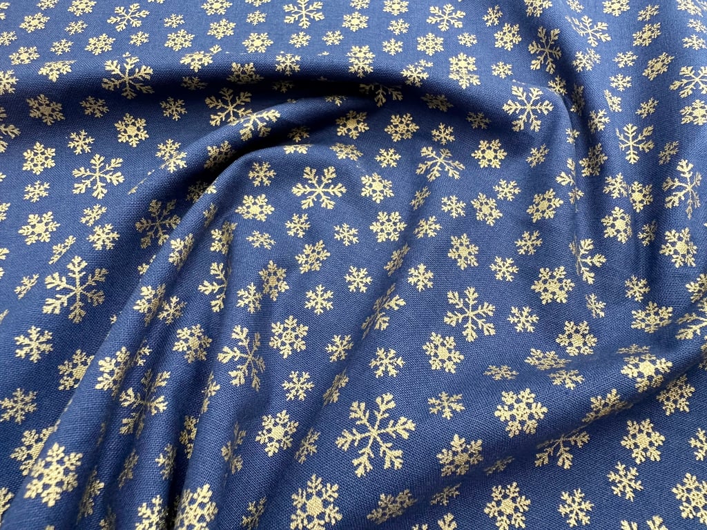 Christmas Fabric Gold Snowflakes Navy Blue Cotton Craft Fabric - 1 Metre