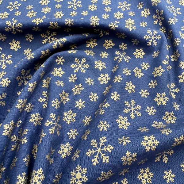 Christmas Fabric Gold Snowflakes Navy Blue Cotton Craft Fabric - 1 Metre