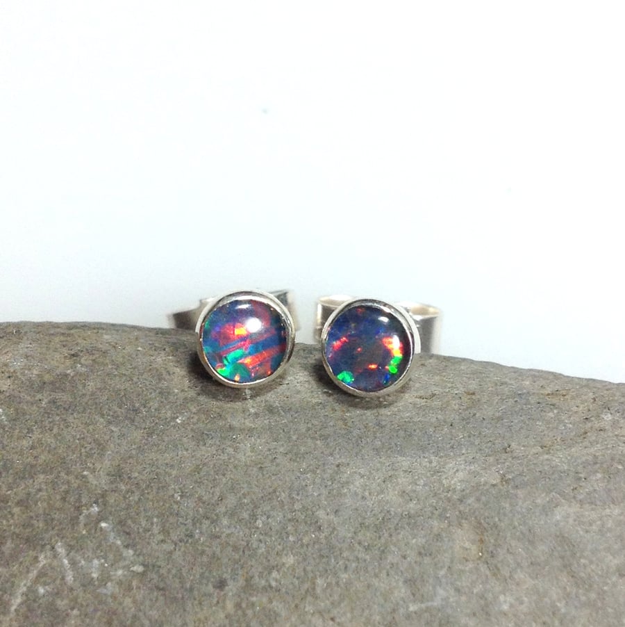 Opal stud earrings sterling silver, gemstone studs