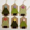 Six Crochet Christmas Tree Tags with Wooden Star Button