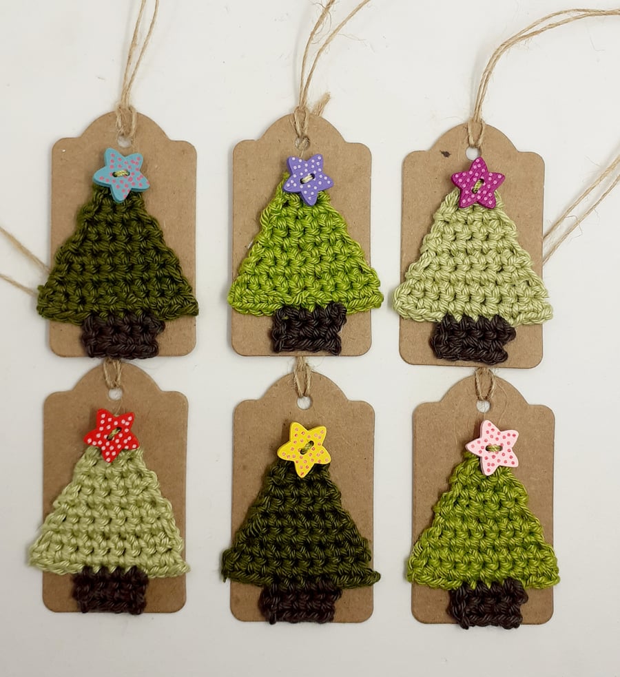 Six Crochet Christmas Tree Tags with Wooden Star Button