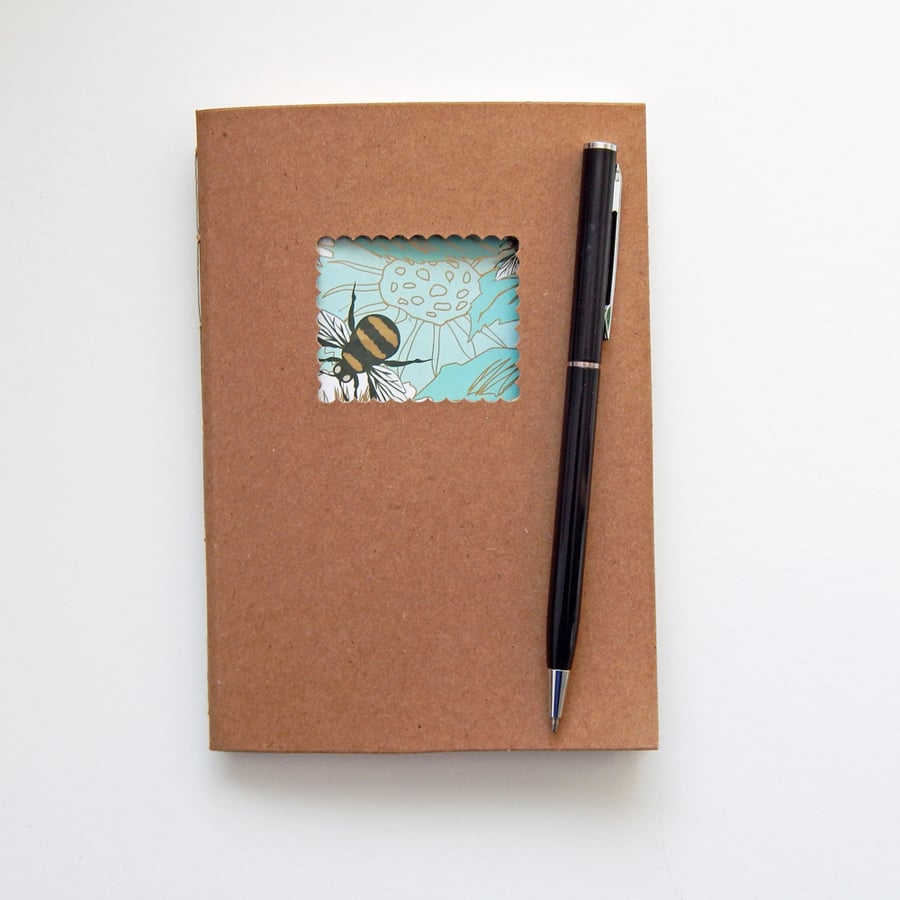 Bees and Daisies Notebook - 6x4 ins hand bound book, kraft cover and cream pages