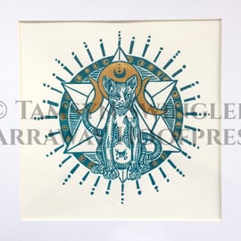 Sphynx Cat Geometric Goddess Occult LinoPrint in Turquoise and Gold - Limited Ed