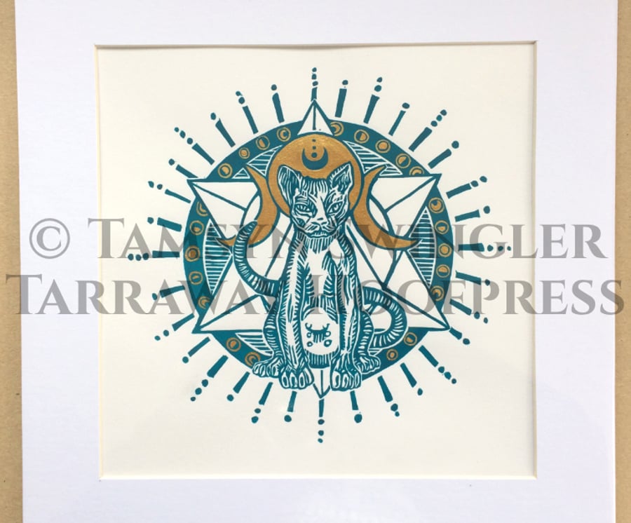 Sphynx Cat Geometric Goddess Occult LinoPrint in Turquoise and Gold - Limited Ed