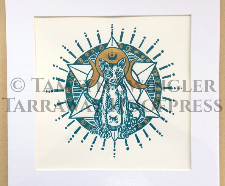 Sphynx Cat Geometric Goddess Occult LinoPrint in Turquoise and Gold - Limited Ed
