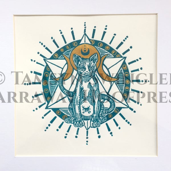 Sphynx Cat Geometric Goddess Occult LinoPrint in Turquoise and Gold - Limited Ed