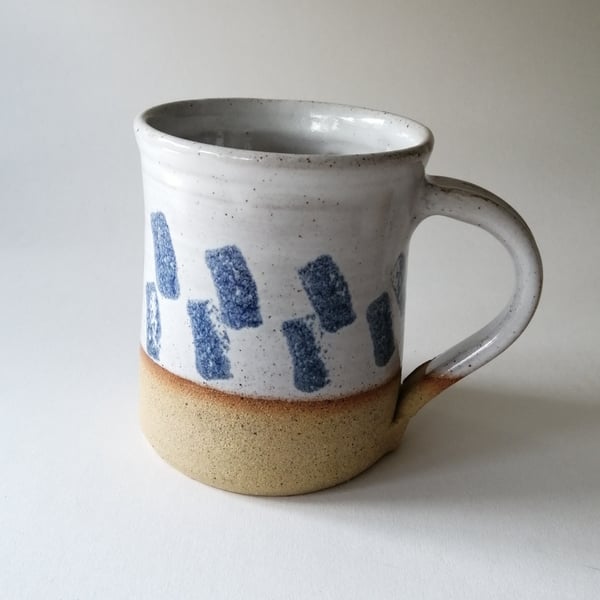 Handmade thrown stoneware pottery large mug White and blue