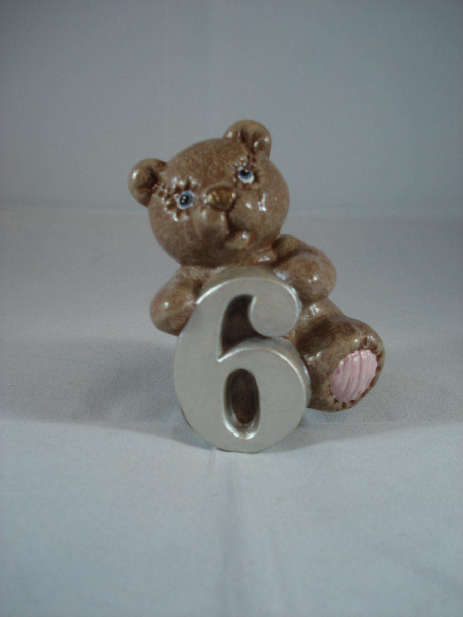 Ceramic Hand Painted Small Bear Animal Figurine Number Six Ornament Decoration.