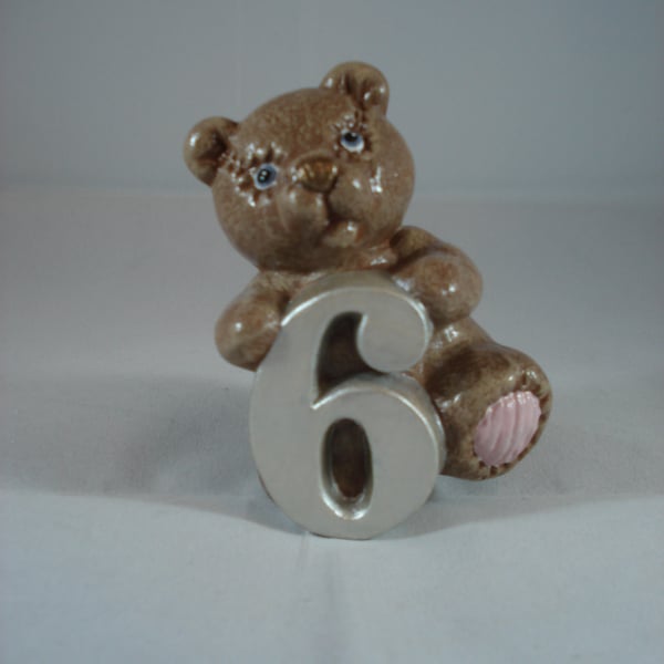 Ceramic Hand Painted Small Bear Animal Figurine Number Six Ornament Decoration.